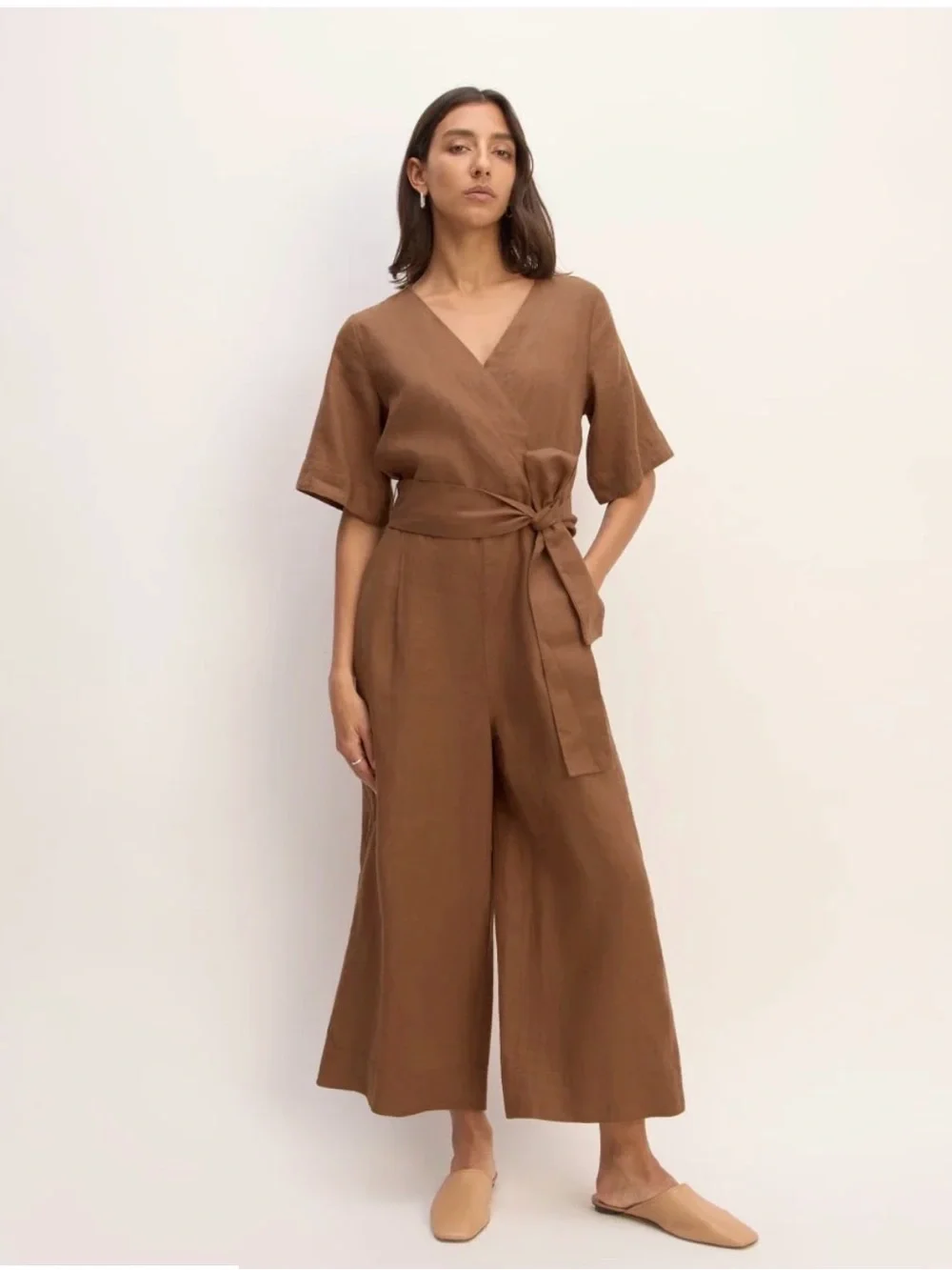 Everlane Wrap Linen Jumpsuit in Carob Brown